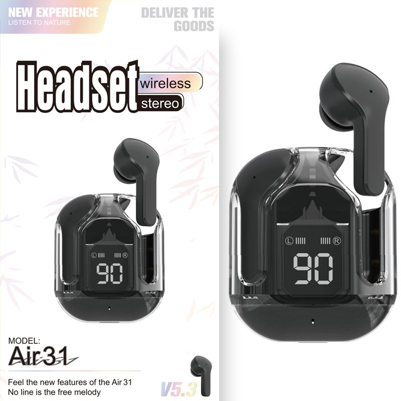 2024 New Tws Air31 Crystal Led Display Mini Wireless Earbuds with LED Display Gaming In-ear Earphone