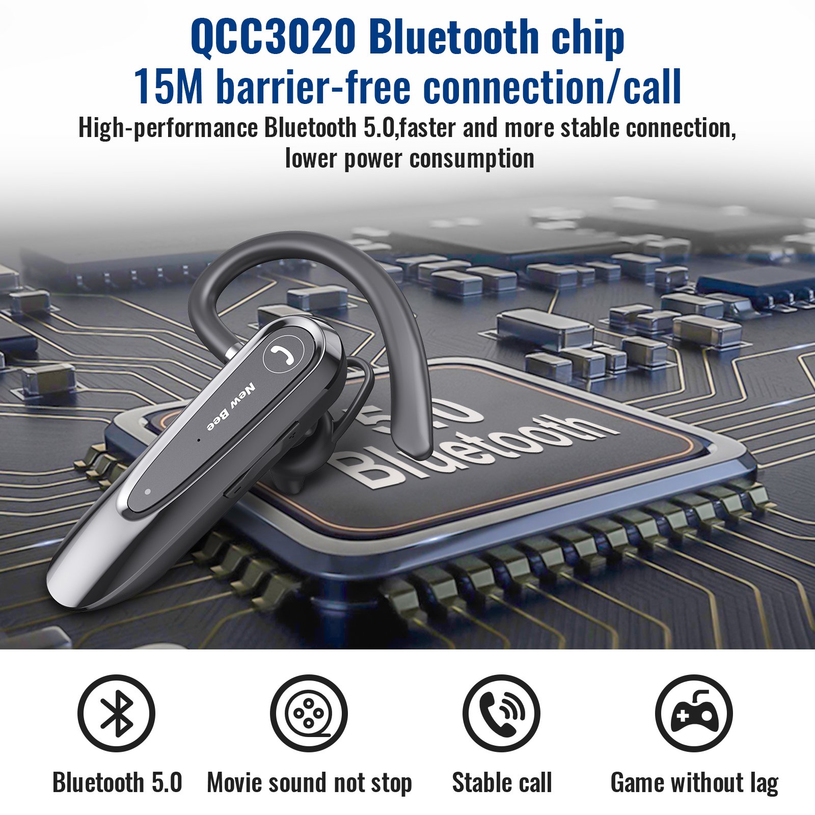 New Bee Bluetooth 5.0 Single Ear Earphones Type C Headphones Earphone Headset Trucker Headphones for Cell Phones