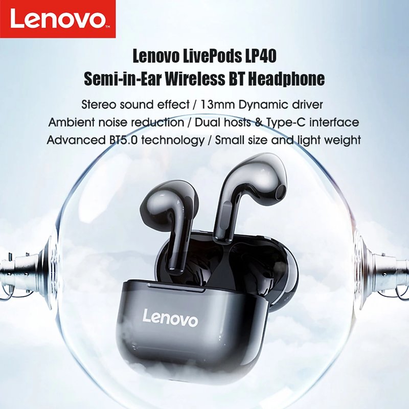 Original TWS lenovo LP40 headphones earphone BT Wireless Charging Box 9D Stereo Waterproof Headsets With Noise Cancelling