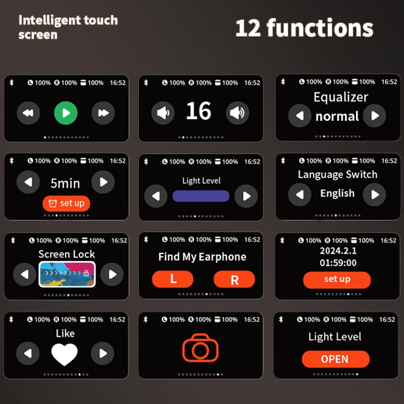 Custom Tws Audifonos BT5.4 Sports Earbud Built-in Music Player LCD Screen Touch Control wireless earphone Gaming earbuds