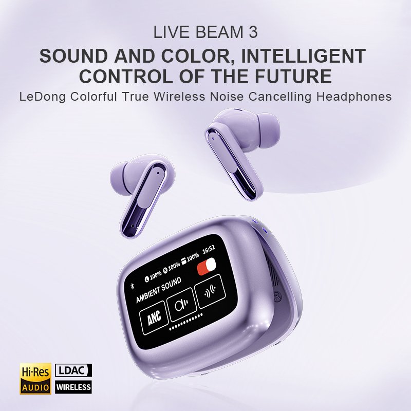 Live Beam 3 Colorful True Wireless LED Smart Touch Screen Headphones HiFi ANC Dual Noise Cancelling TWS Waterproof Earphones