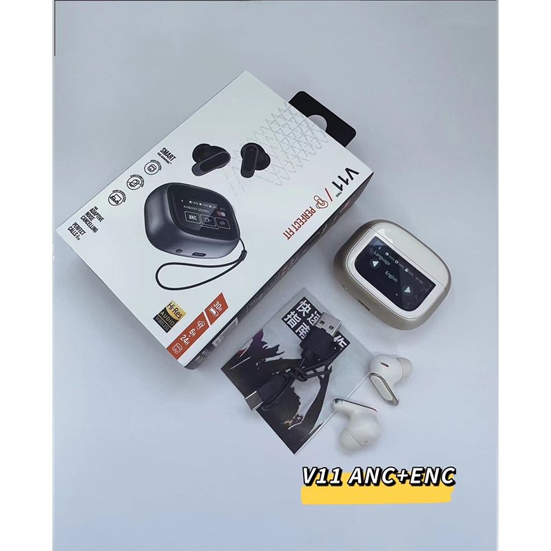 True Wireless V11 Tws Earphones Noise-cancelling Sport Gaming Headphone Digital Display With LCD Smart Touch Screen ANC+ENC