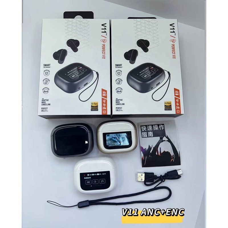True Wireless V11 Tws Earphones Noise-cancelling Sport Gaming Headphone Digital Display With LCD Smart Touch Screen ANC+ENC