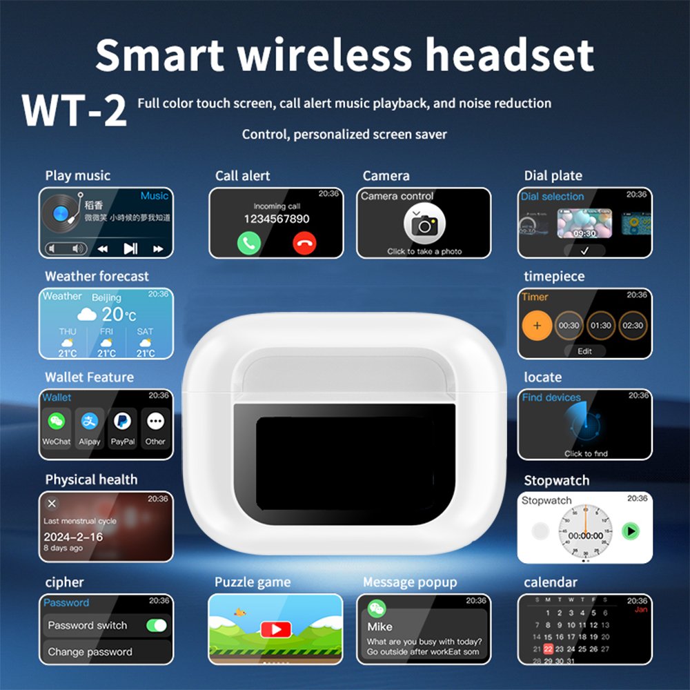 WT2 Bt 5.3 Touch Screen TWS ANC ENC 2024 Gaming Earphone Call Headphone Noise cancelling True Wireless Earbuds with Touch Screen