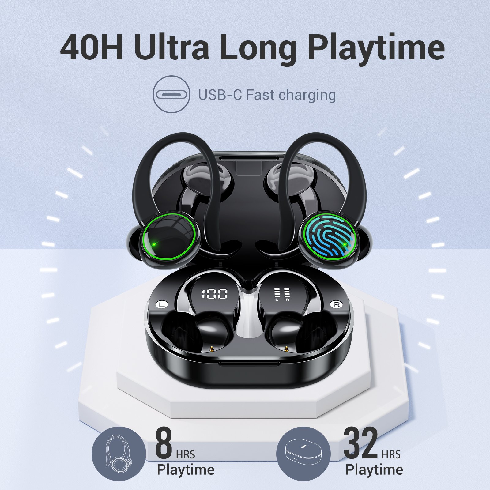 ENC Noise Cancelling double mic tws earphone BT5.3 running earhook sports wireless digital display headphone C16