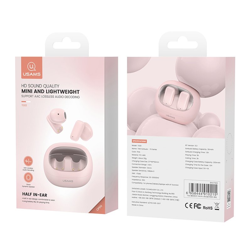 USAMS 2024 Newest mini wireless earbuds earphone headset long battery BT5.3 colorful half in ear sport headphone