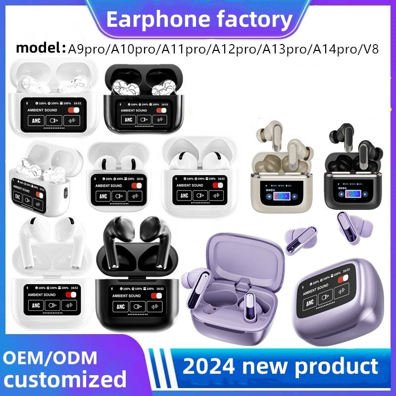Hot selling wireless Smart earphone A9Pro with display screen super long battery life ANC wireless earbuds in Huaqiangbei
