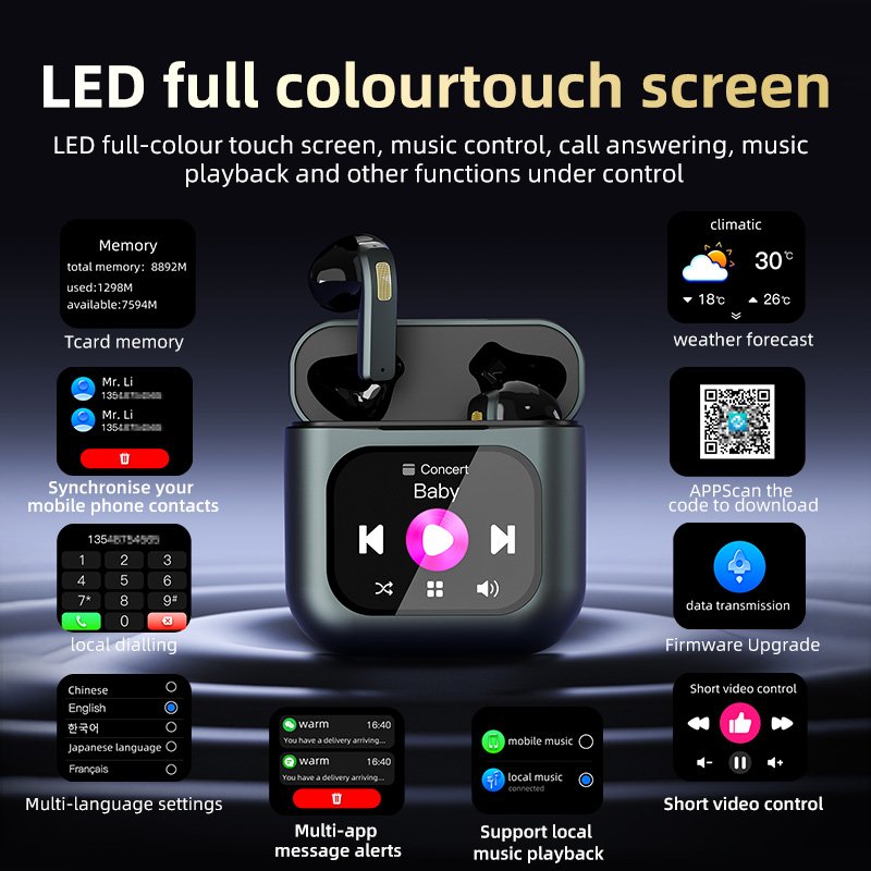 K1 TWS Smart Touch-Screen Earbuds Noise-Cancelling Wireless Earphones with MP3 Function and Mobile Phone / Earphone Positioning