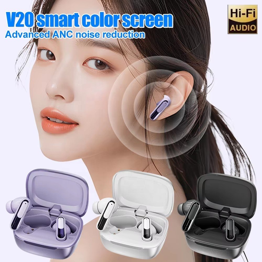 New V20 super bass gaming Wireless LCD Earphone Active Noise cancelling in-ear Sport earbuds Headphones with LED Touch screen