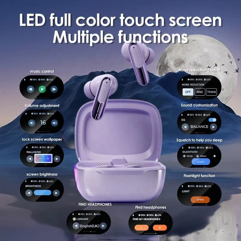 New V20 super bass gaming Wireless LCD Earphone Active Noise cancelling in-ear Sport earbuds Headphones with LED Touch screen