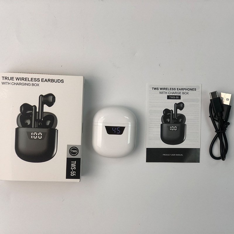 TWS-J55 Mini wireless earbuds Long life noise cancelling heavy bass waterproof LED digital display B55 Blue tooth earbuds