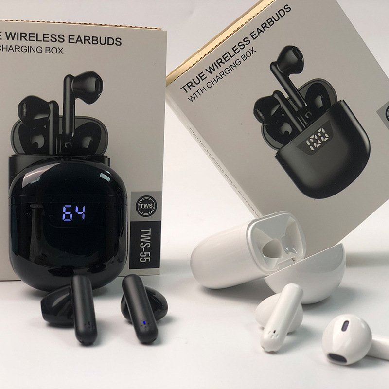 TWS-J55 Mini wireless earbuds Long life noise cancelling heavy bass waterproof LED digital display B55 Blue tooth earbuds