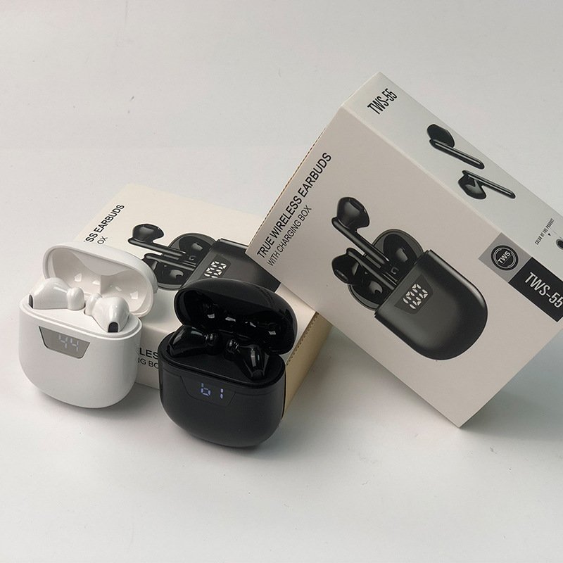 TWS-J55 Mini wireless earbuds Long life noise cancelling heavy bass waterproof LED digital display B55 Blue tooth earbuds