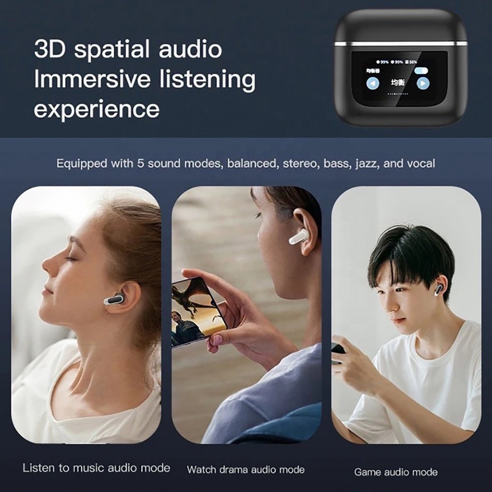 New BT5.3 TWS Earbuds Waterproof Wireless In-Ear Earphone with LCD Touch Screen Display and Color Screens