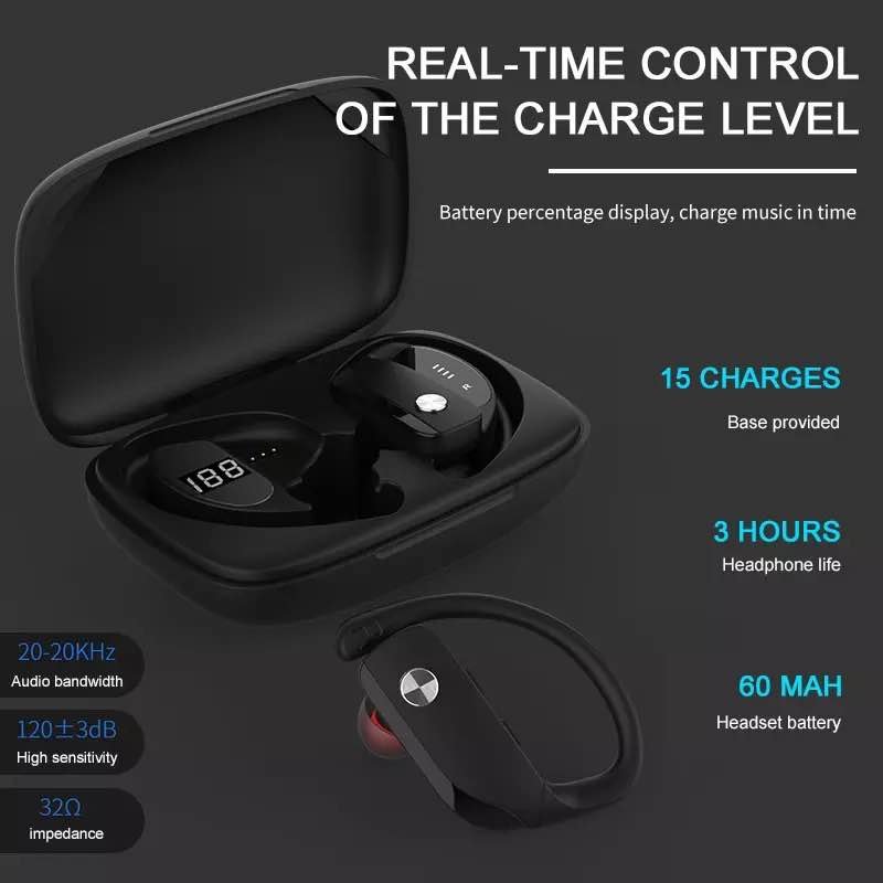 T16 High Quality V5.0 Ear-Hook TWS Sports Earbuds True Wireless Earphones with LED Display and CVC Call Noise Reduction