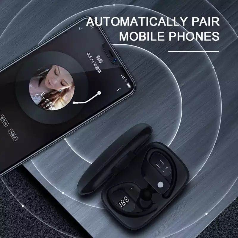 T16 High Quality V5.0 Ear-Hook TWS Sports Earbuds True Wireless Earphones with LED Display and CVC Call Noise Reduction