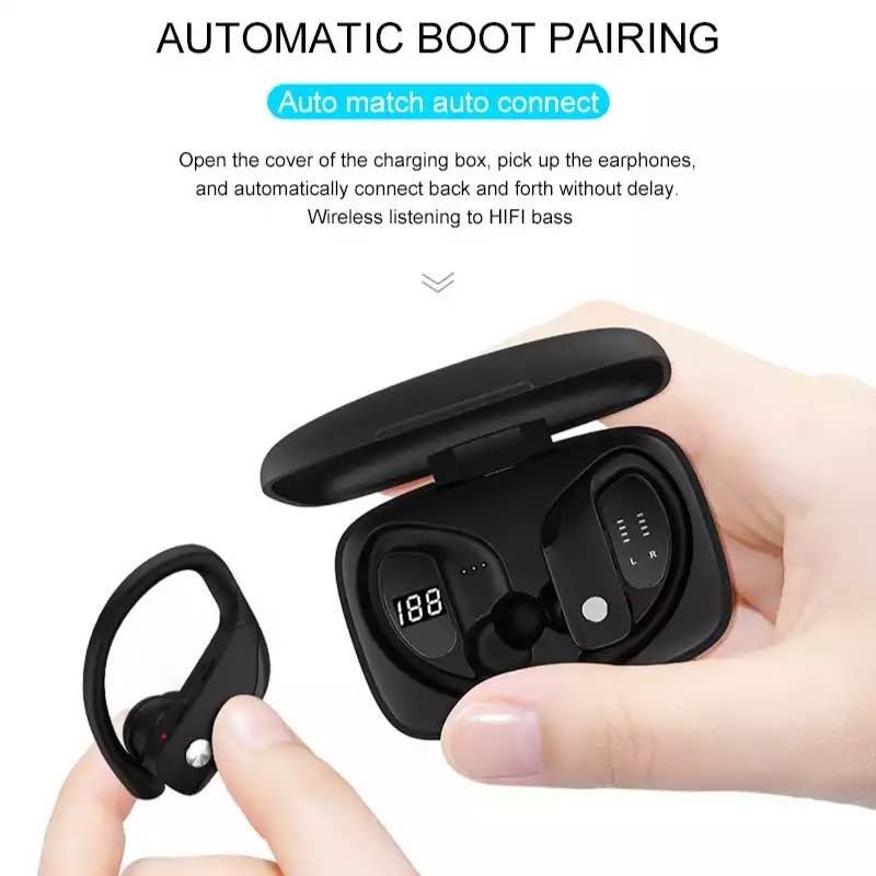 T16 High Quality V5.0 Ear-Hook TWS Sports Earbuds True Wireless Earphones with LED Display and CVC Call Noise Reduction