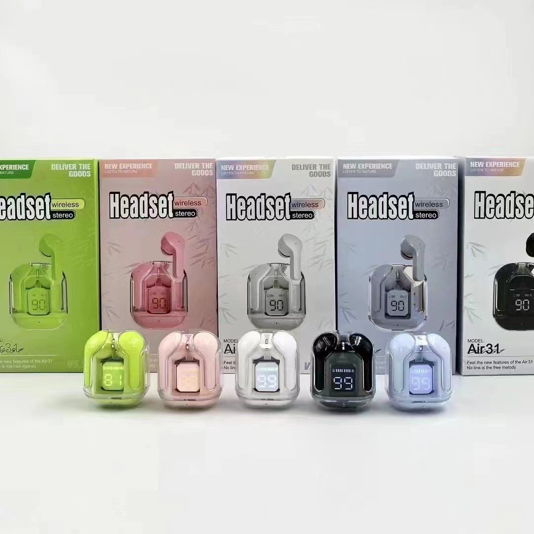 2024hot TWS Air31 Earbuds Transparent Wireless Stereo Headset BT 5.3 LED Display Sports Waterproof Air 31 Earphones With ENC