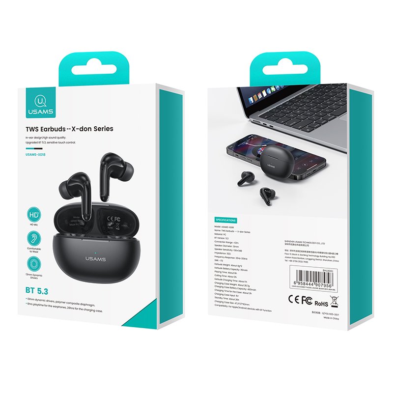 USAMS XD18 Hot Sale Phone Accessories In-Ear Headset Gaming Earphone Mini True Wireless Bluetooth Earphone TWS Wireless Earbuds