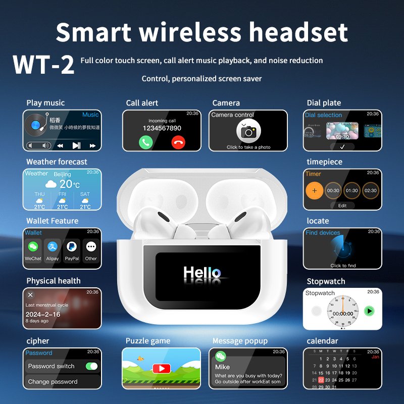 WT-2 Color Screen Earphones with Functions Of Payment, ANC, Controlling Mobile Phones To Taking, Menstrual Time Recording, Etc