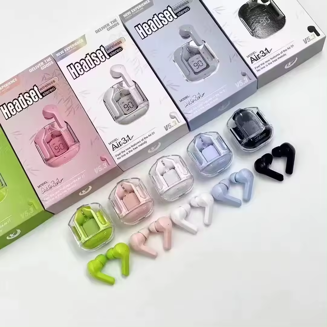 TWS noise reduction wireless bt5.2 earbuds air31 space capsule digital display transparent shell sports Blue tooth earphone