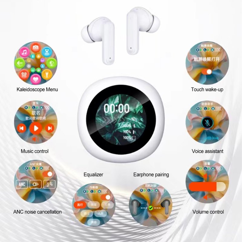 TWS Earbuds T65 Newest Round LCD Touch Screen ANC ENC True Wireless Earphones with Noise Cancelling Sport Earbuds BY-18