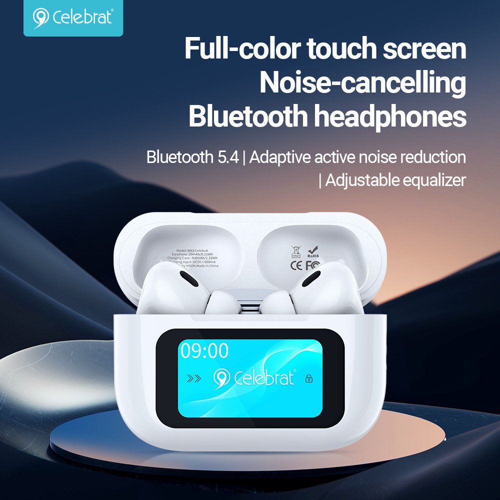 W63 Wireless Earphones 5 Sound Effect LCD Full Color Touch Screen Headphone BT5.4 ANC HiFi TWS in ear Earbuds