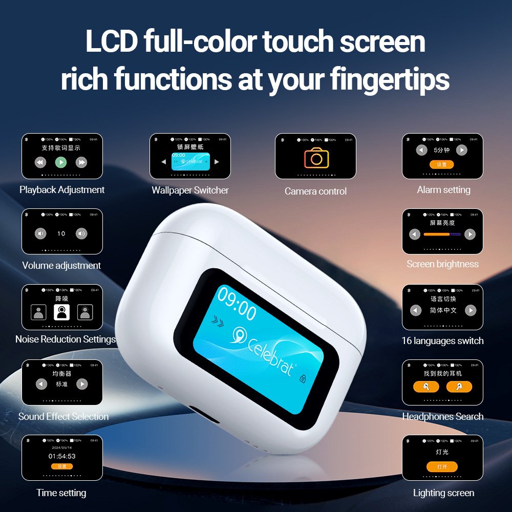 W63 Wireless Earphones 5 Sound Effect LCD Full Color Touch Screen Headphone BT5.4 ANC HiFi TWS in ear Earbuds