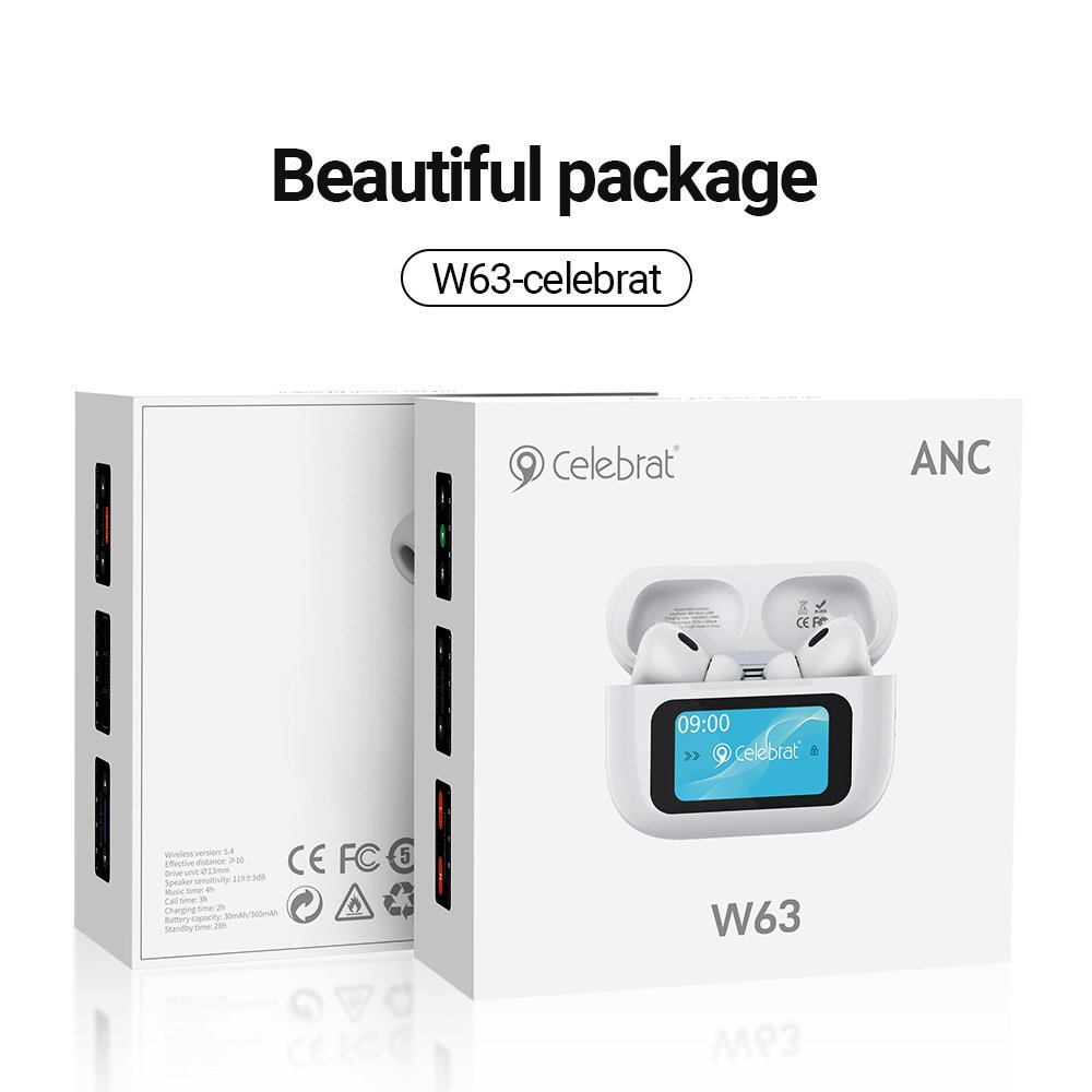 W63 Wireless Earphones 5 Sound Effect LCD Full Color Touch Screen Headphone BT5.4 ANC HiFi TWS in ear Earbuds