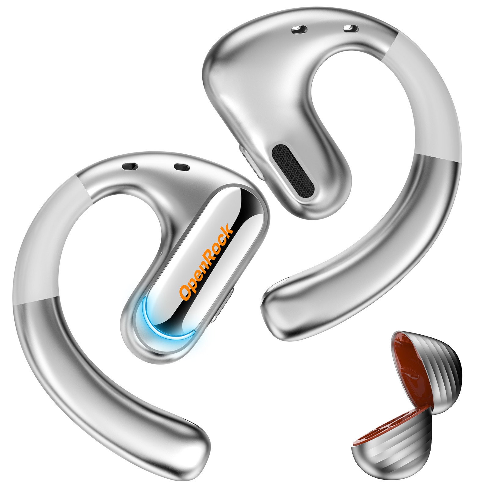 OpenRock Open Ear Headphone Air Conduction Headphone Wireless Sports Earbud Silver Long Lasting Battery Life Earbuds