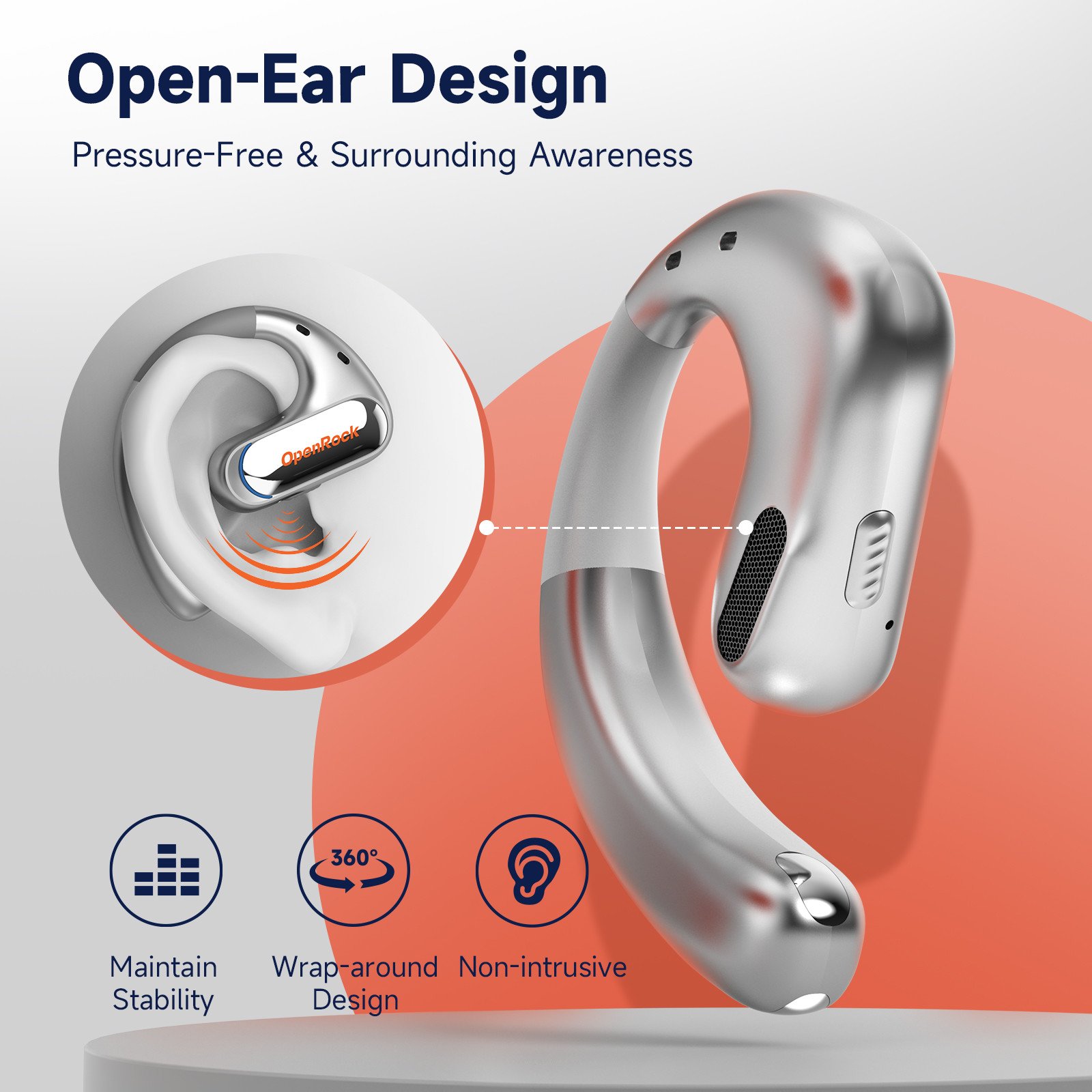 OpenRock Open Ear Headphone Air Conduction Headphone Wireless Sports Earbud Silver Long Lasting Battery Life Earbuds