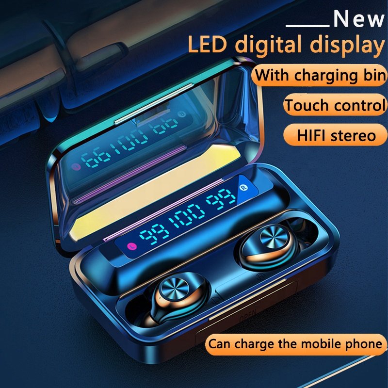 TWS Earphones F9-5 LED Display Mini Headsets Wireless Earbuds 5.0 IPX7 Big LED Earphone F9