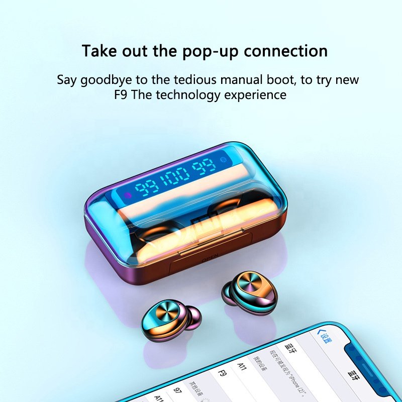 TWS Earphones F9-5 LED Display Mini Headsets Wireless Earbuds 5.0 IPX7 Big LED Earphone F9