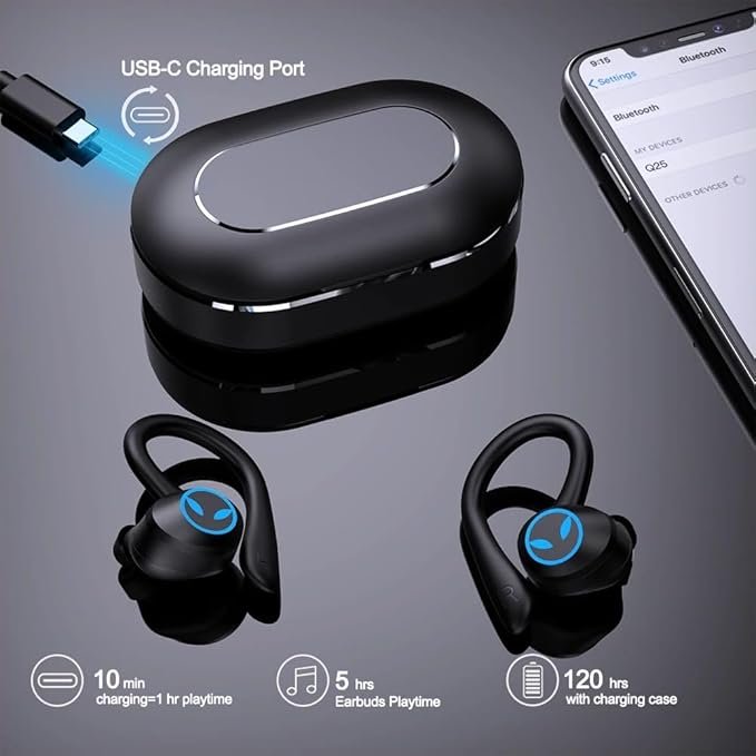Pro Noise Cancelling Wireless Earphones Bluetooth-Compatible Stereo Bass Headphone Ear Hook Waterproof Sports Game Headsets