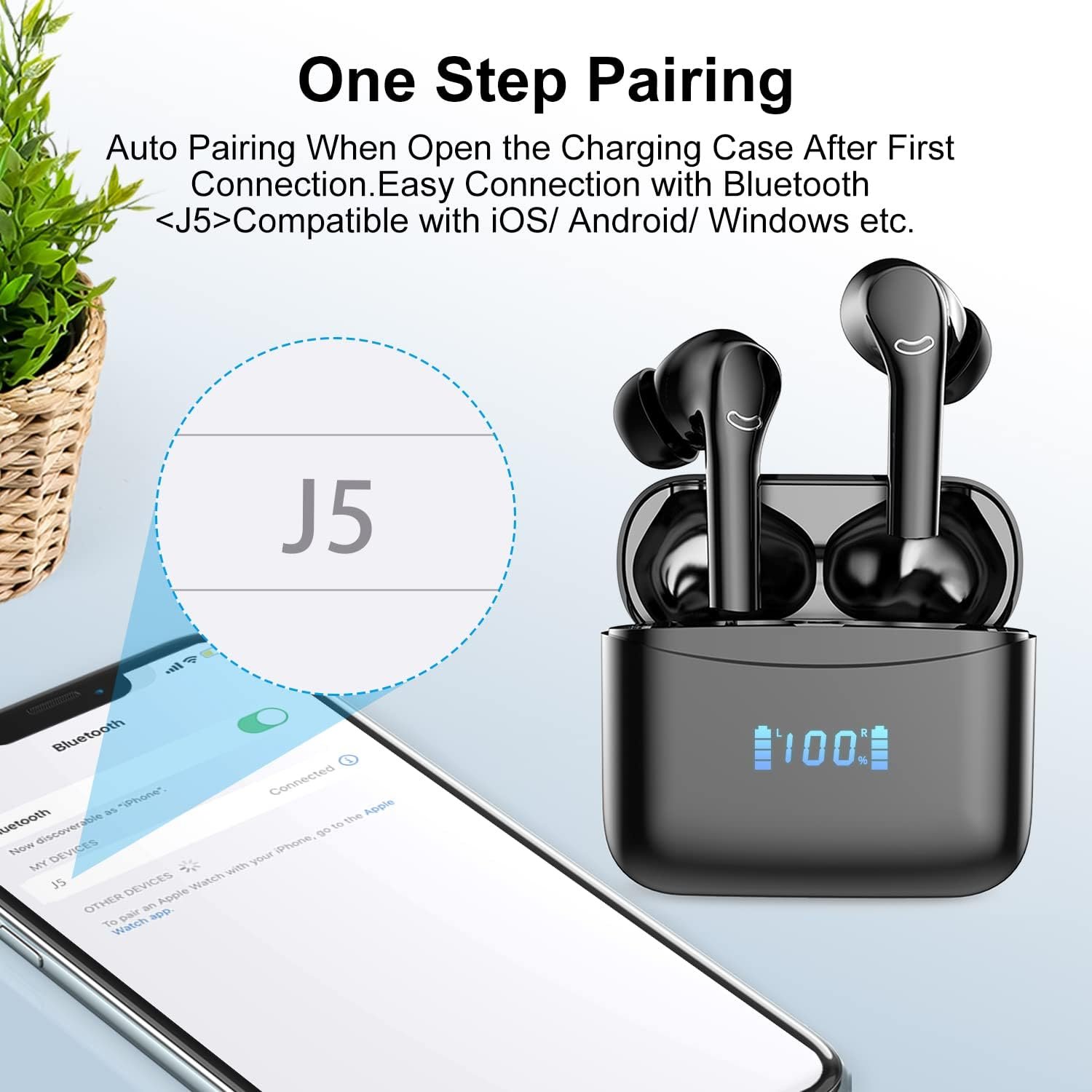 Wireless earbuds with microphone 60H playback with LED display - Wireless charging case and noise cancelling earbuds - IPX5