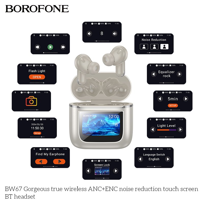 BOROFONE BW67 Wireless Earbuds With Touch LCD Screen Charging Box Headset LED Digital Display ANC Noise Canceling TWS Earphones