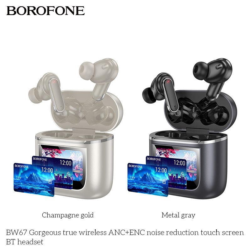 BOROFONE BW67 Wireless Earbuds With Touch LCD Screen Charging Box Headset LED Digital Display ANC Noise Canceling TWS Earphones