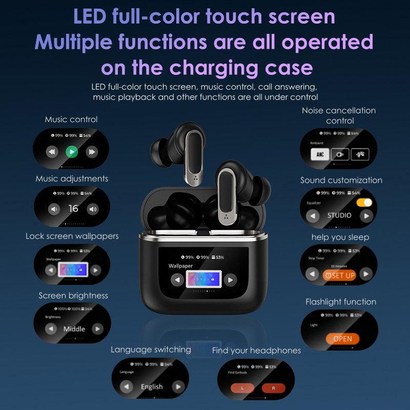 V8 Earphone LED Full-color Touch Screen Hifi Stereo ANC Noise In Ear Design Earbuds Wireless Control Gaming V8 Earphone