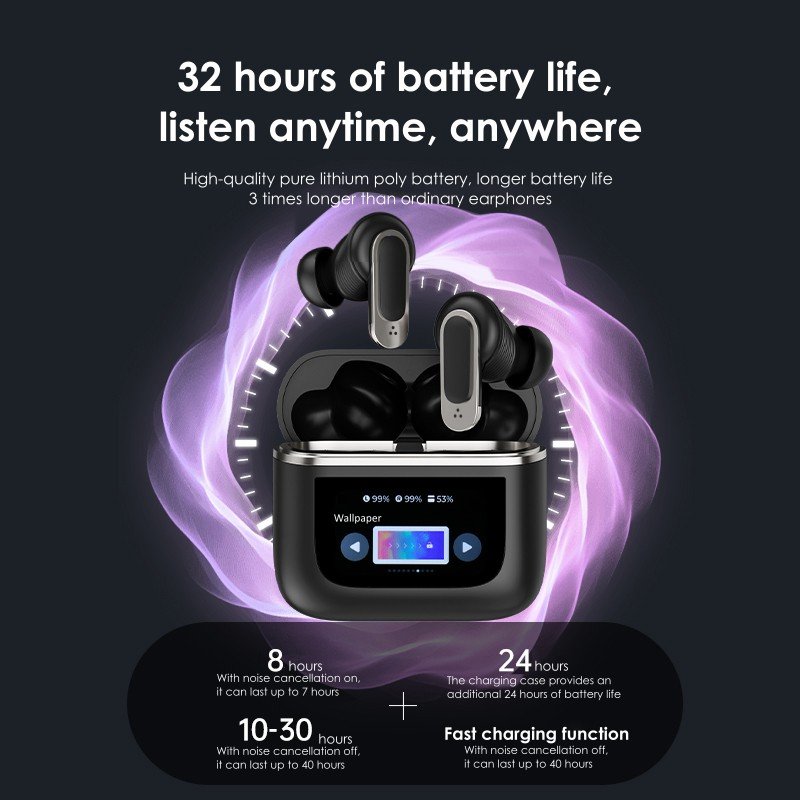 V8 Earphone LED Full-color Touch Screen Hifi Stereo ANC Noise In Ear Design Earbuds Wireless Control Gaming V8 Earphone