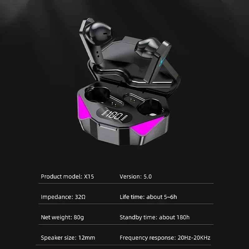 Factory Price Game Earphones X15 TWS Wireless BT Digital Display Low-latency In-ear Noise reduction Headphones Sports Earbud