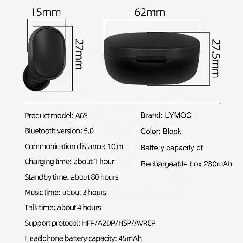 Wholesale A6S BT TWS Wireless BT 5.0 Noise canceling Hifi Gaming Handsfree earphone Headphones for iphone 6 7 8