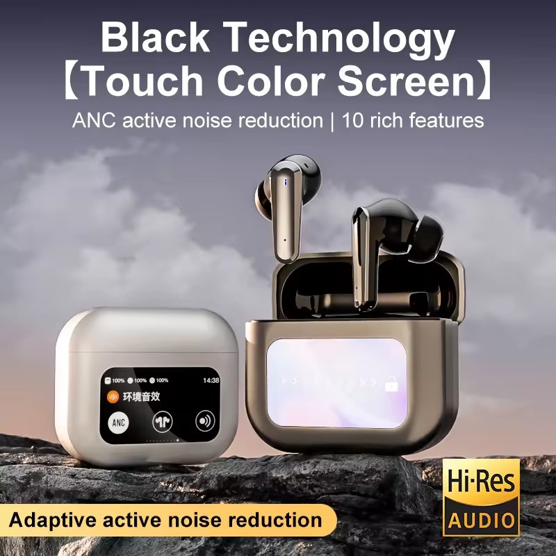 2024 new In-ear wireless waterproof ANC active noise cancelling LCD touch digital display screen gaming sport wireless earphone