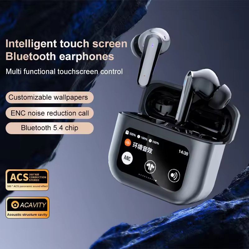 2024 new In-ear wireless waterproof ANC active noise cancelling LCD touch digital display screen gaming sport wireless earphone