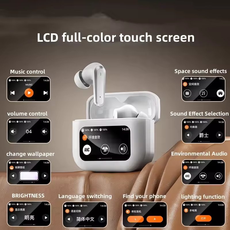 2024 new In-ear wireless waterproof ANC active noise cancelling LCD touch digital display screen gaming sport wireless earphone