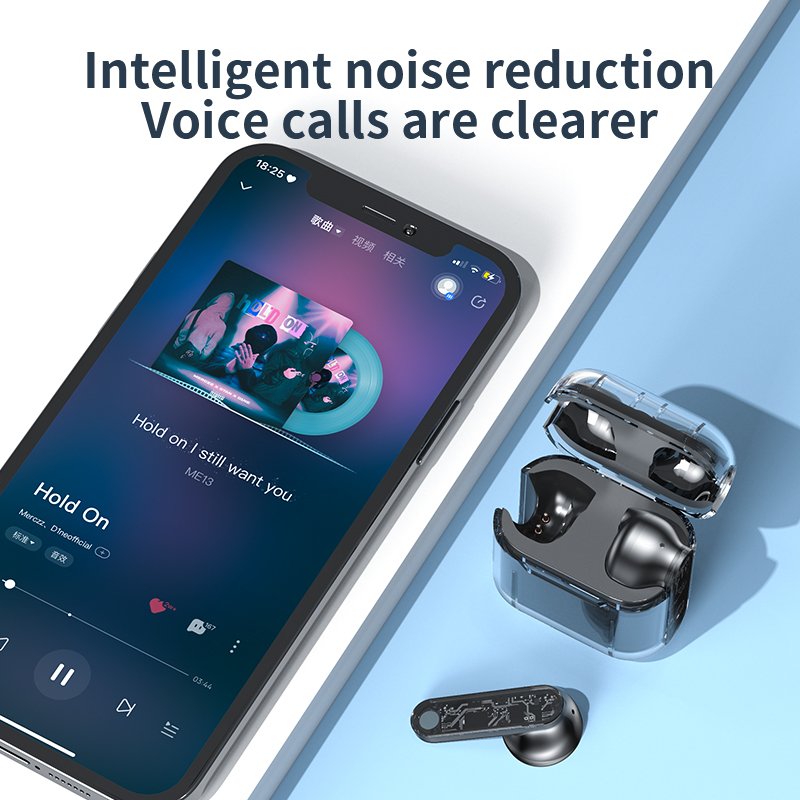 TM10 V5.3 HIFI HD 13mm Moving Coil Diaphragm Wireless Earphones Mini Transparent Case Earbuds with Smart Noise Cancellation