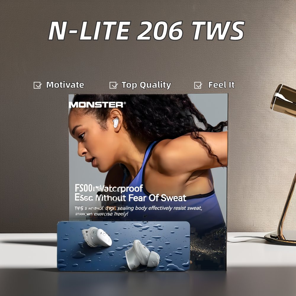 Monster N-lite 206 True Wireless Waterproof Earphones Bluetooth 5.4 Low Latency Headset Sport Earbuds Noise Reduct IPX5 HiFi
