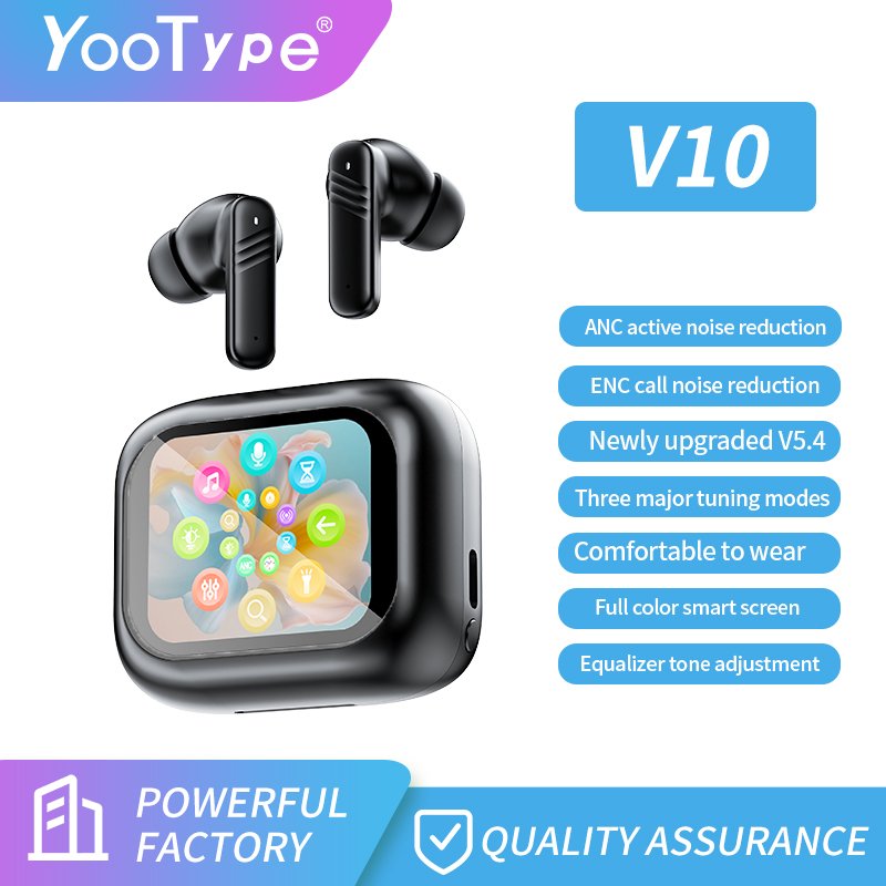 YooType V10 ANC active noise cancelling tws earbuds LED touchscreen ENC clear call quality IPX5 gaming deep bass stereo earphone