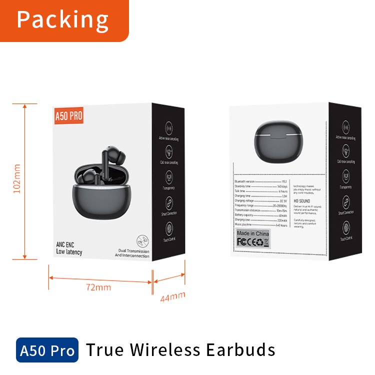 Newest A50 Pro Real ANC + ENC Dual Noise Canceling HD Call Low Latency Wireless Tws Earphone Earbuds