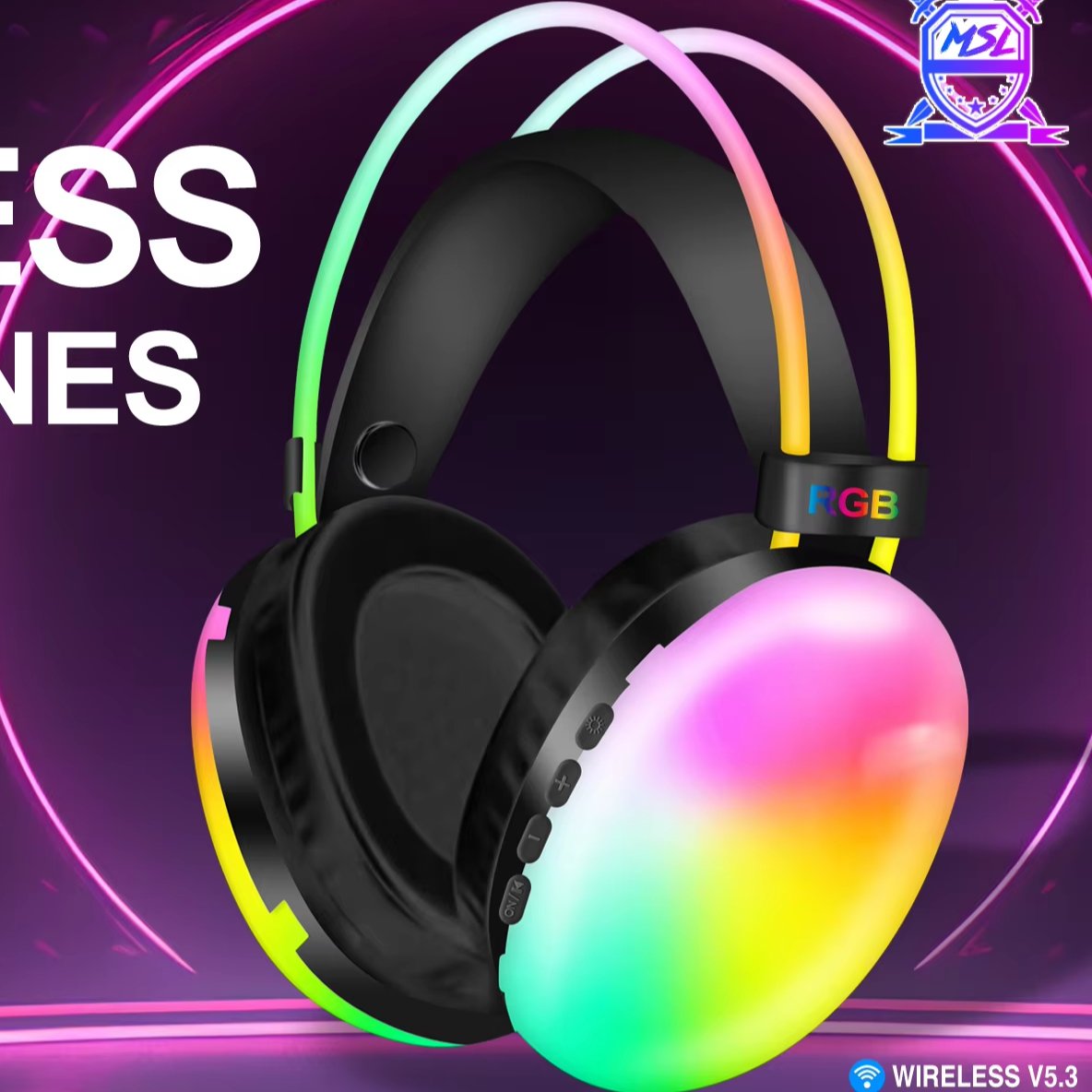 2024 New MSL580 RGB Colorful Light Headworn Bluetooth Earphones 800mAh Large Capacity LED Battery V5.3 Long Range Coverage