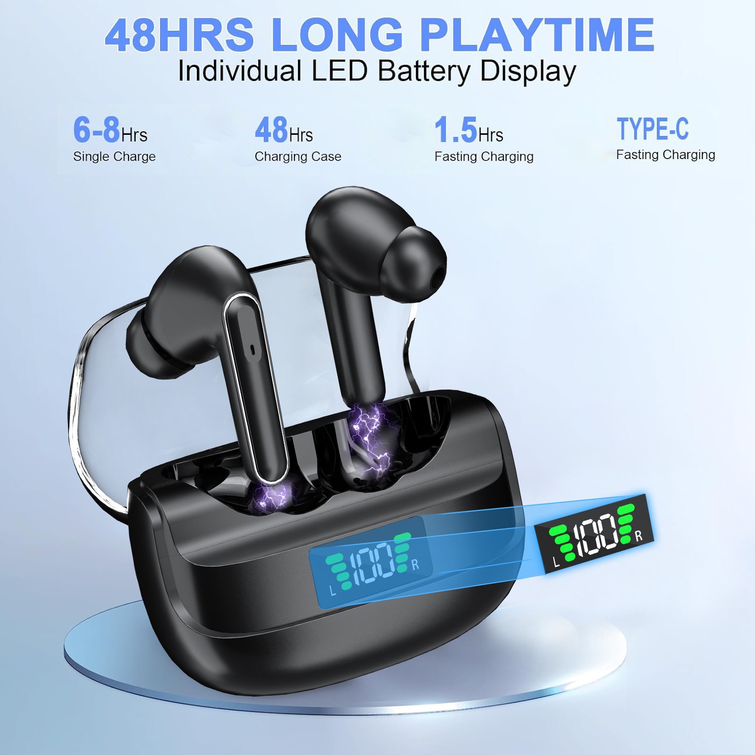 New transparent chassis wireless BT earphones TWS with high sound quality, long battery life and LED display in ear